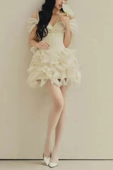 victoria off-shoulder puffy mini dress - beige