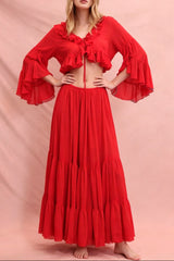 Ruffle cardigan crop top & maxi skirt set - red