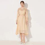 cecilia apricot Lantern sleeves openwork wavy trim midi dress