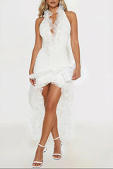 marina ruffle trim halter bodycon mini dress - white