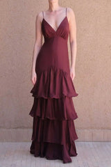 lorraine Waist-cinching backless camisole cake maxi dress - burgundy
