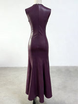 ophelia v-neck sleeveless leather maxi dress in burgundy
