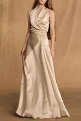 kay Champagne crepe bias-cut satin halter maxi dress