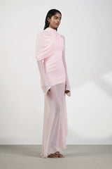 High-neck drapey pleated mesh panel maxi dress in pink