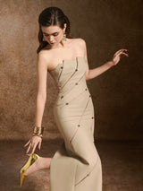 angela Asymmetrical Off Shoulder Midi Dress in Khaki