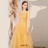 victoria rhinestone embellished tulle maxi dress - yellow