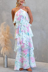 Floral Ruffle Halter Neck Midi Dress - blue