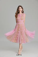 phoenix 3d Embroidered lace mesh midi dress in pink