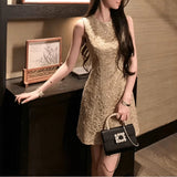 georgia lace embroidery sleeveless mini dress - gold