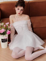 cornelia Lace mesh ribbon A-line strapless mini dress - white