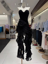 sabrina Ruffle Crystal strapless midi dress in black