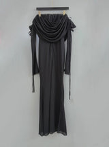 lila flower embellished pleated strapless maxi dress in black