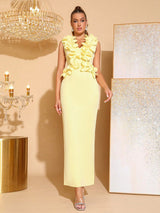 cynthia 3D Flower v-neck Sleeveless bodycon Maxi Dress in yellow