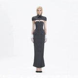 Double-breasted strapless sleeveless suit with lapel - grey
