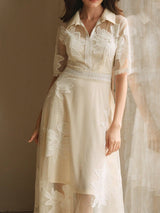 Lace Embroidered Shirt Collar Midi Dress - apricot
