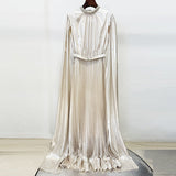nail beaded slip sleeve pleated long dress