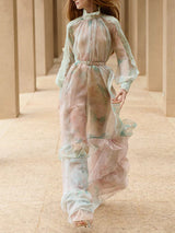 olga floral print lantern sleeve layer Sheer maxi dress