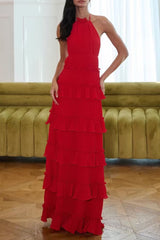 lorraine ruffle trim layer halter maxi dress - red