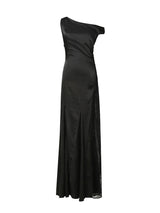 sara black Asymmetrical pleated maxi dress with side slit lace trim