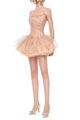 venus Strapless polka dot mesh tulle mini dress - brown