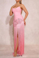 rita 3D flower diamond-decorative tassel bandage maxi dress in pink