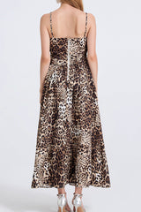 3D Embroidered Strappy Bustier Maxi Dress with Metal Buckles - leopard print