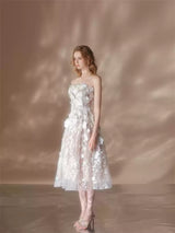 anna crystal floral embroidery midi dress in white