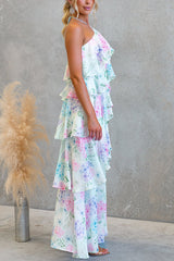 Floral Ruffle Halter Neck Midi Dress - blue