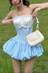 stephanie plaid strapless puffy mini dress - blue