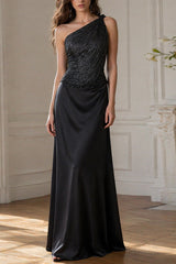 black One-shoulder silver thread top satin maxi skirt two-piece set