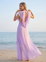 simona Deep V-neck lace backless maxi dress in purple