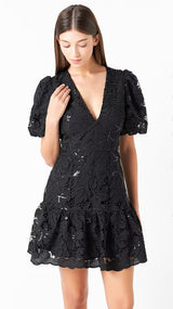 black sequin lace fitted flared mini dress