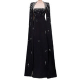 red nail bead chain shawl sleeves floor-length dress