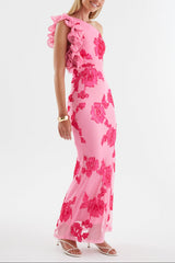 novia one-shoulder 3d flower embroidery bodycon maxi dress - pink