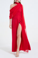 tammy Tailored One-Shoulder Detachable Collar Maxi Dress in red