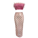 audrey pink feather top sequin Midi Skirt set