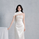 sylvia rhinestone embellish strapless satin maxi dress - white