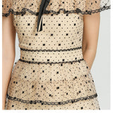 floral Embroidery pleated mesh midi dress in apricot