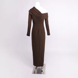 maud One-shoulder pleated high-slit maxi dress - brown