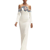 white off-shoulder collars nails beads diamond maxi dress