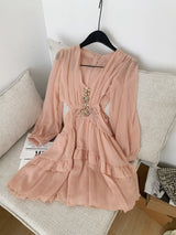 jessica champagne pink chiffon rhinestone embellished mini dress