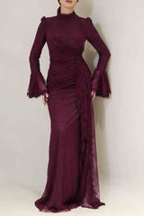 victoria Long lantern sleevelace-trim maxi dress - burgundy