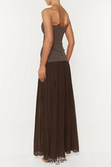 nelly pleated detail strapless maxi dress in brown