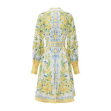 Lemon Floral Single-Breasted Midi Dress With Belt - yellow