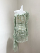 joanna 3d flower Lace hollow Asymmetrical mini Dress in green