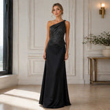 black One-shoulder silver thread top satin maxi skirt two-piece set