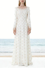 white long sleeve beaded diamond maxi dress