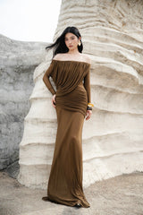 cara Off-shoulder long sleeve pleated mesh maxi dress in brown