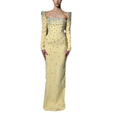 purple square neck long sleeve nail bead diamond maxi dress