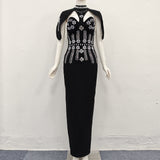sibyl black Shawl-embellished diamond bandage maxi dress